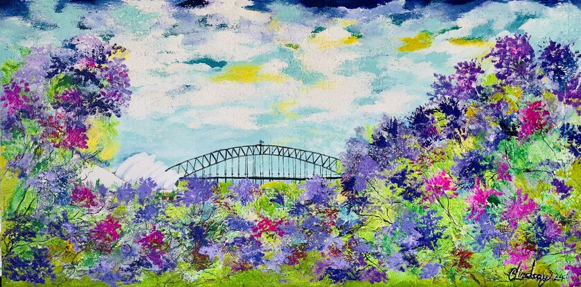 The painting depicts a mesmerizing landscape of botanic Australiana, showcasing colorful jacarandas in full bloom against a backdrop of Sydney Harbour Bridge and Opera House. The textured canvas brings the scene to life, capturing the intricate details of the florals and the iconic landmarks. The vibrant hues of the jacarandas contrast beautifully with the cloudy sky, creating a dreamy and enchanting atmosphere. This artwork effortlessly conveys the rich beauty and tranquility of nature intertwined with urban architecture, inviting viewers to immerse themselves in the serene charm of this picturesque setting.
Colours used cool yellow, light green, dark green, textured canvas , painted with a palette knife , black white mixed blues ‘
Comes with a certificate Of Authenticity 
Canvas is varnished for easy cleaning and ready to hang 