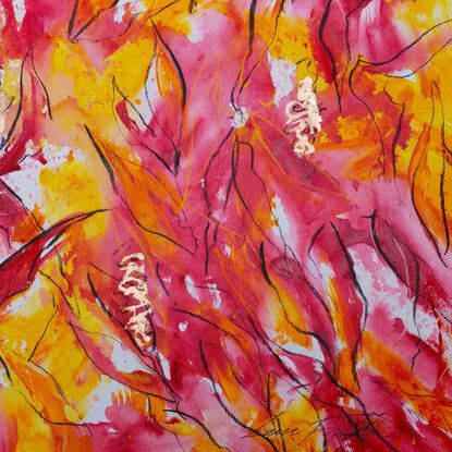 a colourful abstract of banksia tree pods in pink, yellow and orange