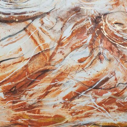 A large painting of jasper and water ripples with metallic copper, ochre,  burnt orange, pale terracotta,  black and white.