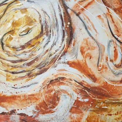 A large painting of jasper and water ripples with metallic copper, ochre,  burnt orange, pale terracotta,  black and white.