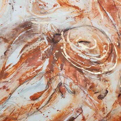 A large painting of jasper and water ripples with metallic copper, ochre,  burnt orange, pale terracotta,  black and white.