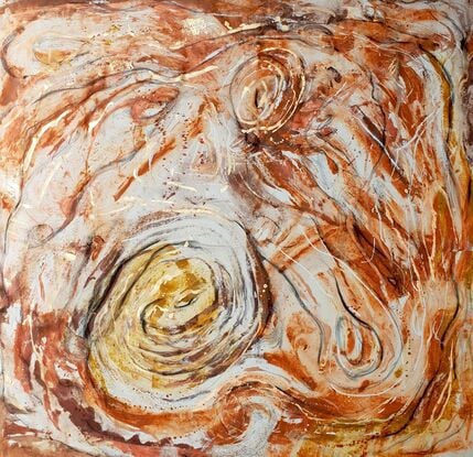 A large painting of jasper and water ripples with metallic copper, ochre,  burnt orange, pale terracotta,  black and white.