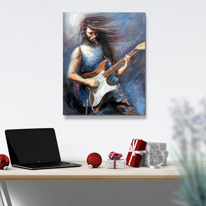 Portrait painting about a Guitarist who enjoys playing music with a guitar