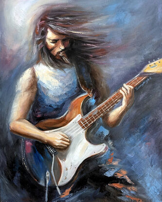 Portrait painting about a Guitarist who enjoys playing music with a guitar