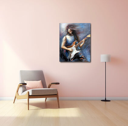 Portrait painting about a Guitarist who enjoys playing music with a guitar