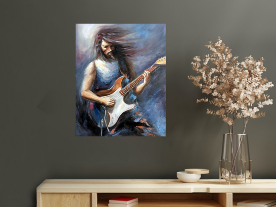 Portrait painting about a Guitarist who enjoys playing music with a guitar