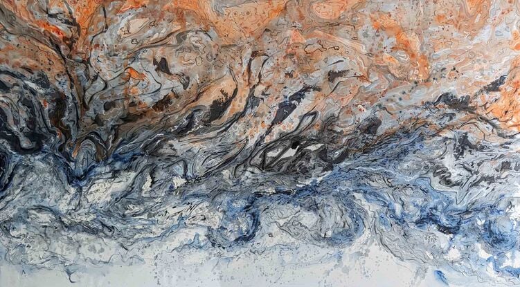 a maximalist artwork in orange, ochre, black and blue of the Binnalong Bay of Fire