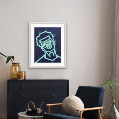 A painting by Marce King using simple line work in a neon light style is an exploration of how much can be said with so little, urging us to see beyond the surface and engage with the essence that lies within the shadows.