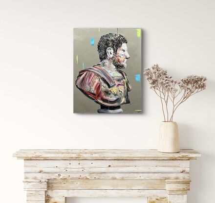 Portrait of an Ancient Roman man. Textures, earthy colours and bright colours. Abstract shapes.