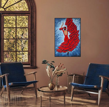 Flamenco dancer in red dress original one of a kind painting by Irina Redine.