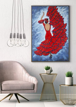 Flamenco dancer in red dress original one of a kind painting by Irina Redine.