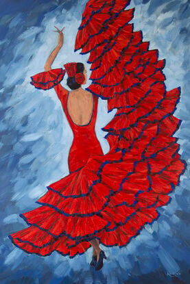 Flamenco dancer in red dress original one of a kind painting by Irina Redine.