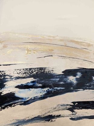 an abstract seascape of a coastline with navy blue, gold and cream