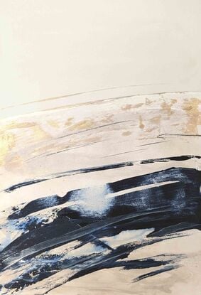 an abstract seascape of a coastline with navy blue, gold and cream