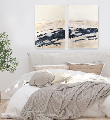 an abstract seascape of a coastline with navy blue, gold and cream