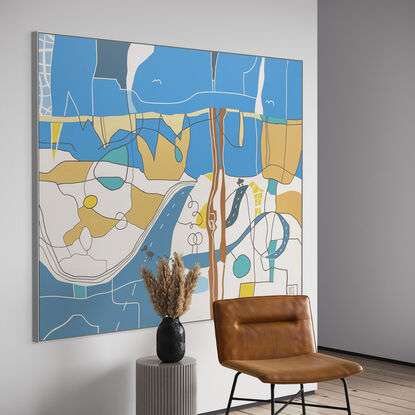 A crisp, playful pop art piece with gray & white line art image with pops of vibrant blues & warm tones.