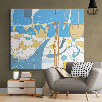 A crisp, playful pop art piece with gray & white line art image with pops of vibrant blues & warm tones.