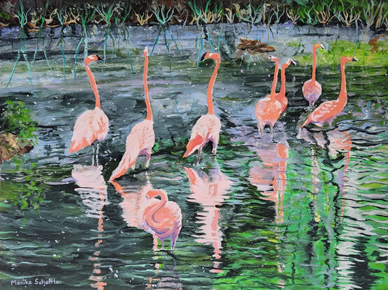 Flamingo Reflections is a painting depicting a group of Flamingos wading in water, surrounded by lush greenery and their reflections. I’ve given it an exotic and lively feel with the use of bright colours and tropical theme.