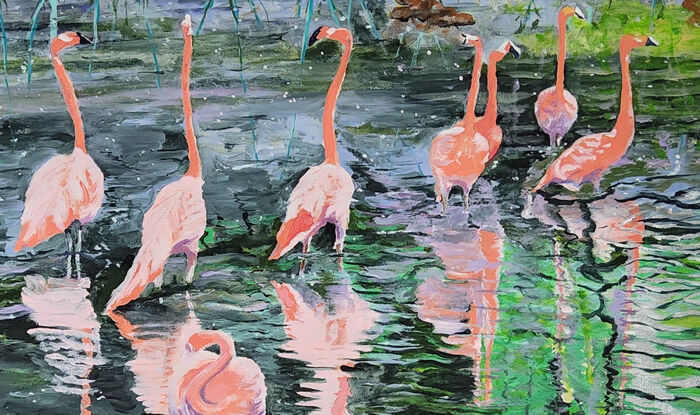 Flamingo Reflections is a painting depicting a group of Flamingos wading in water, surrounded by lush greenery and their reflections. I’ve given it an exotic and lively feel with the use of bright colours and tropical theme.