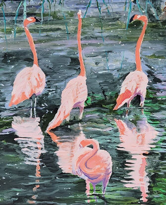 Flamingo Reflections is a painting depicting a group of Flamingos wading in water, surrounded by lush greenery and their reflections. I’ve given it an exotic and lively feel with the use of bright colours and tropical theme.