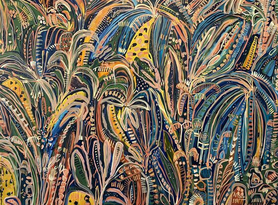 Club tropicana is a contemporary abstract impression of a multi coloured tropical garden by Carley Bourne 