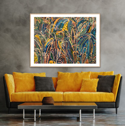 Club tropicana is a contemporary abstract impression of a multi coloured tropical garden by Carley Bourne 