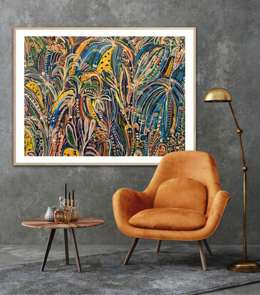 Club tropicana is a contemporary abstract impression of a multi coloured tropical garden by Carley Bourne 