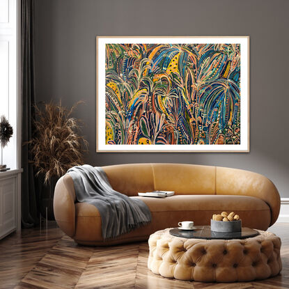 Club tropicana is a contemporary abstract impression of a multi coloured tropical garden by Carley Bourne 