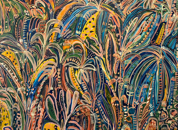 Club tropicana is a contemporary abstract impression of a multi coloured tropical garden by Carley Bourne 