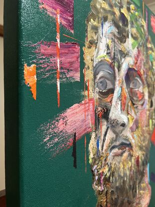 Expressive, textured and colourful portrait of a man. Abstract shapes and patches of colour.