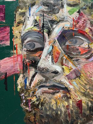 Expressive, textured and colourful portrait of a man. Abstract shapes and patches of colour.