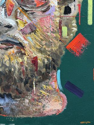 Expressive, textured and colourful portrait of a man. Abstract shapes and patches of colour.