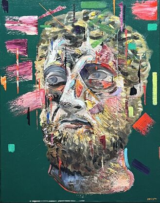 Expressive, textured and colourful portrait of a man. Abstract shapes and patches of colour.