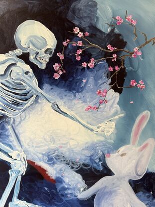 A young rabbit meets with a skeleton in a surreal landscape while a cherry blossom tree blooms over their heads. 