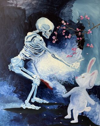 A young rabbit meets with a skeleton in a surreal landscape while a cherry blossom tree blooms over their heads. 