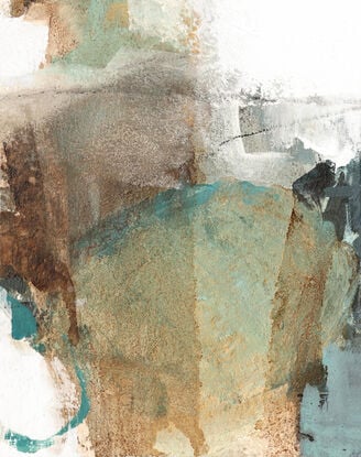 Wide brush strokes of greys and greens over a layered background of brown and gold washes.