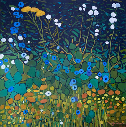 abstract garden with yellow, orange and blue flowers