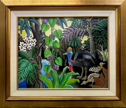 A rain forest painting featuring a cassowary with his chicks foraging in the undergrowth  of a forest. The birds are amongst  a variety of ferns, flowers and trees. The painting has a golden afternoon sky.