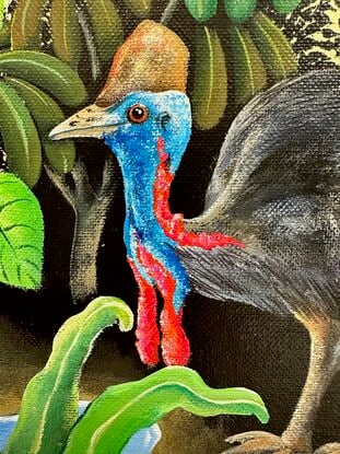 A rain forest painting featuring a cassowary with his chicks foraging in the undergrowth  of a forest. The birds are amongst  a variety of ferns, flowers and trees. The painting has a golden afternoon sky.