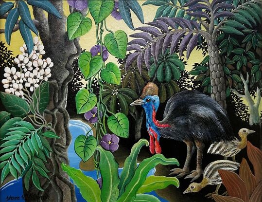 A rain forest painting featuring a cassowary with his chicks foraging in the undergrowth  of a forest. The birds are amongst  a variety of ferns, flowers and trees. The painting has a golden afternoon sky.