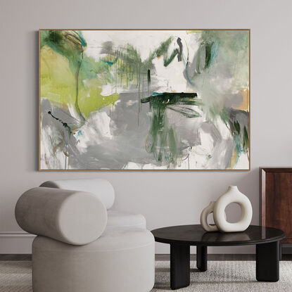 bold textured marks in light green, olive with areas of white and grey, beige, peach and tan expressive marks across a large canvas