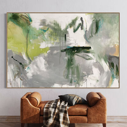 bold textured marks in light green, olive with areas of white and grey, beige, peach and tan expressive marks across a large canvas