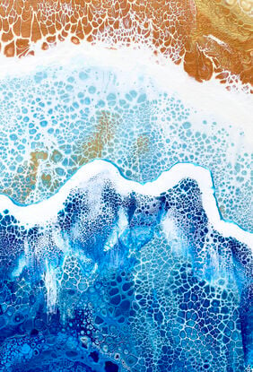 ABSTRACT painting that gives the impression of soothing ocean waves lapping in to soft sandy beach with slow easy waves creating crests of white..  The intricate mosaic pattern within the tonal blue hues and tones of deep and light blue plus the glimmering metallics adds added interest and intrigue.
The closer you get to the painting the more of the interesting details and patterns you can see. Metallics add an extra depth because the painting changes personality when one views from different angles.
although it is an impressionistic abstract, it still has a sense of motion of waves moving and frothing white!