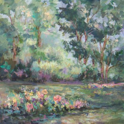 Soft hues of green and blue blend to depict a serene forest scene with vibrant patches of flowers. Dappled light filters through the dense foliage, creating a tranquil and picturesque landscape.