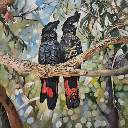 Black Cockatoos perched on a branch against speckled light background.