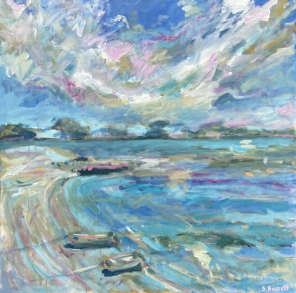 An expressive and colourful painting depicting two dingy's on a beach with moving clouds overhead.