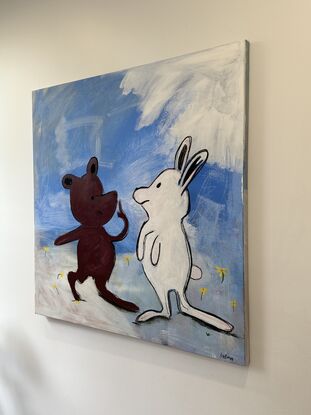 A bear and rabbit painted cartoon style meet together in a blue scene with flowers. 