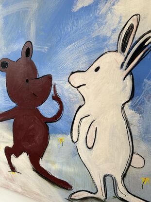 A bear and rabbit painted cartoon style meet together in a blue scene with flowers. 