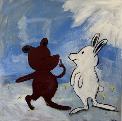 A bear and rabbit painted cartoon style meet together in a blue scene with flowers. 