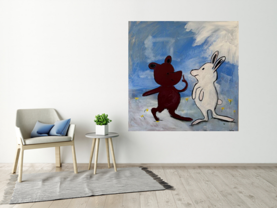 A bear and rabbit painted cartoon style meet together in a blue scene with flowers. 